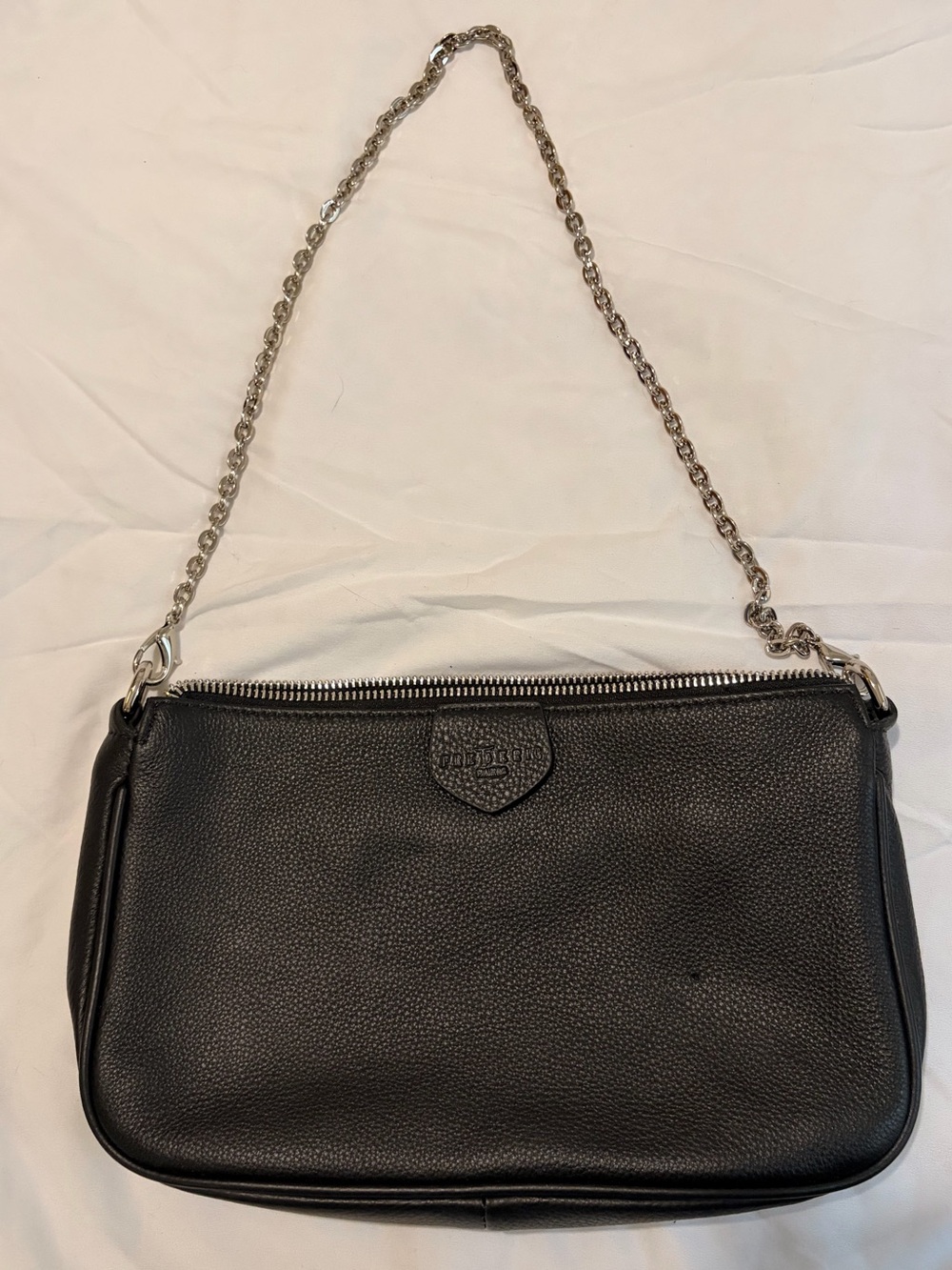 Black Pebbled Leather Shoulder Bag with Silver Chain Strap